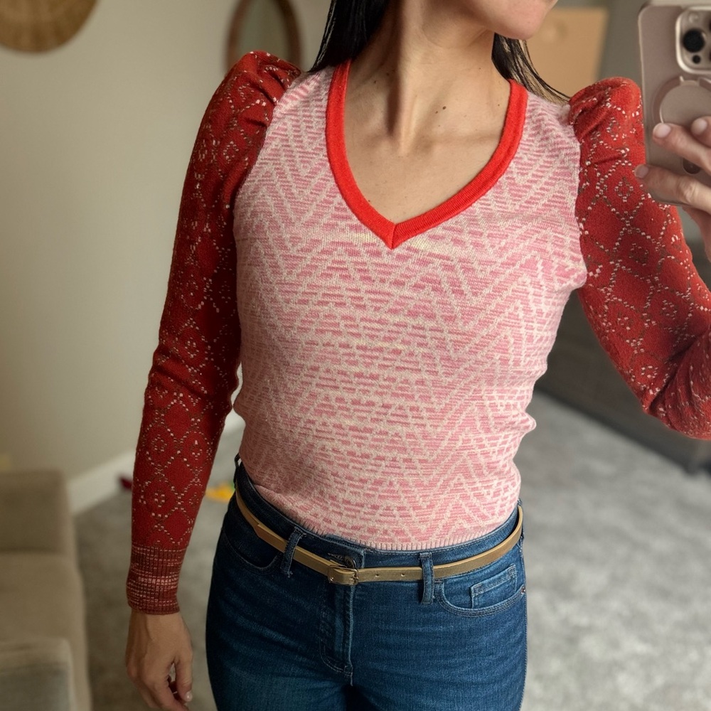 Anthropologie Pink and Red V-Neck Sweater